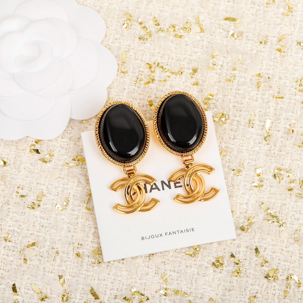 18K  Chanel Black Crystal Pendant Earrings