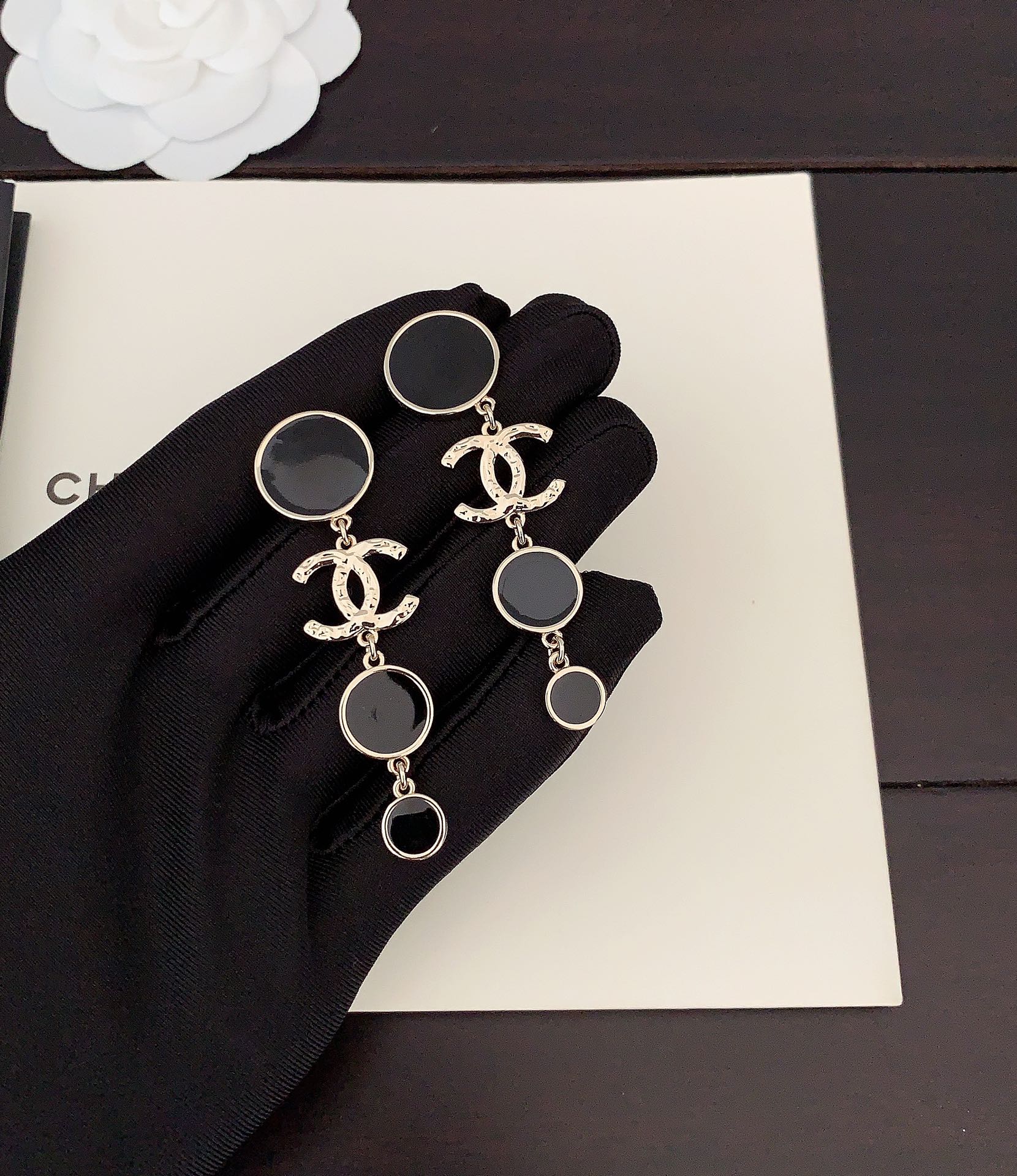 18K  Chanel Black Crystals Earrings
